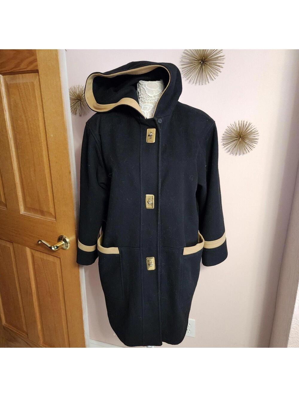 Vintage Loring Women's Black Wool Hooded Coat Tan Trim Oversized Classic Coat